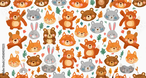 Seamless vector pattern with adorable cartoon animals, including bears, rabbits, and foxes
