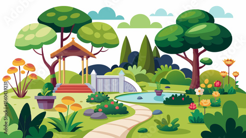 Idyllic cartoon garden scene with a gazebo pond bridge and colorful flowers under a cloudy sky