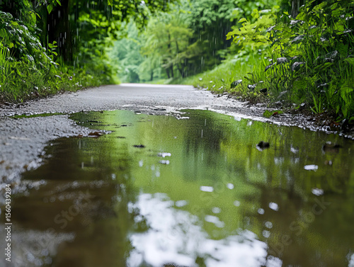 Drenched in heavy rainfall, the forest road showcases dramatic reflections in puddles, while lush green foliage lines the way, enhancing the moody atmosphere of this serene landscape