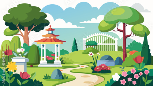 Vibrant japanese garden scene with pagoda gazebo winding path flowers and lush greenery under a cloudy sky