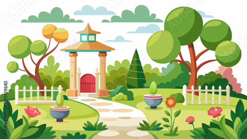 Beautifully illustrated garden scene with a decorative gazebo white picket fence blooming flowers and lush green trees under a cloudy sky