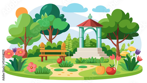 Beautiful park scene with a gazebo bench flowers trees and fruit on a sunny day