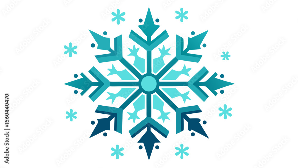 Fototapeta premium Abstract geometric snowflake design with multiple shades of blue and teal on a white background