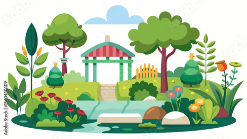 Charming cartoon illustration of a vibrant garden with a gazebo flowing water lush greenery and colorful flowers