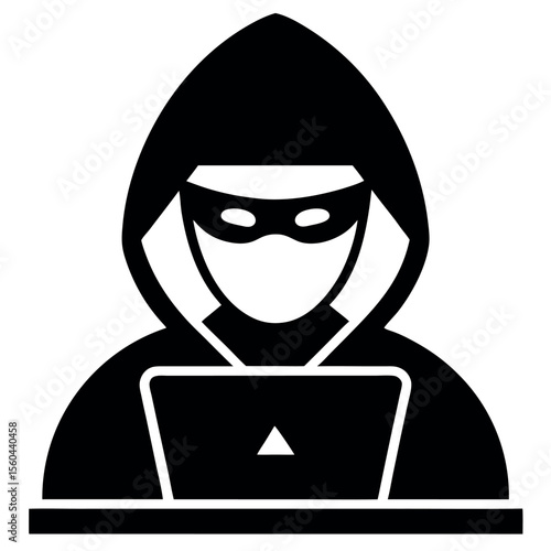 Hacker in Hoodie with Mask Using Laptop on Desk, Black and White Icon
