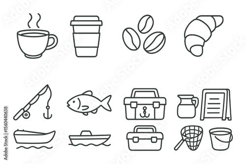 Coffee and fishing icons set – outline, cafe and angling minimalist symbols