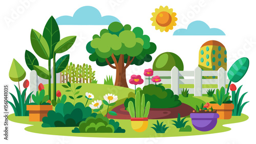 Vibrant cartoon illustration of a lush garden filled with colorful flowers plants a tree and a white picket fence under a sunny sky