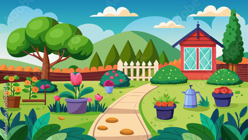 Vibrant cartoon illustration of a picturesque backyard garden with a charming red shed lush green trees blooming flowers and a winding path