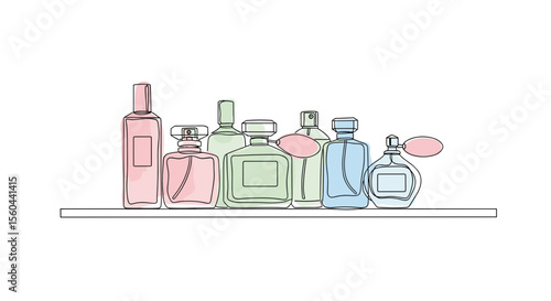 Perfume set on shelf in cosmetic store – one line doodle drawing with watercolor fill, minimalistic vector illustration on white background