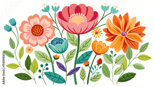 Wallpaper Mural Vibrant and colorful floral arrangement with various blooming flowers and lush green leaves on a white background Torontodigital.ca