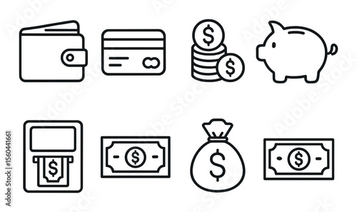 Finance and money icons set – silhouette, currency and banking symbols