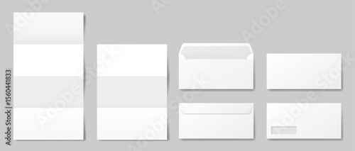 White envelope mockup. Front and back side. Open and closed envelopes. Business correspondence. Address window. Folded letter. White paper sheet.