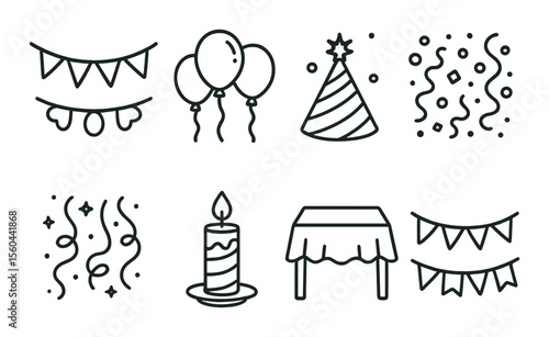 Festive party outline icons set – simple design for celebrations and event decor