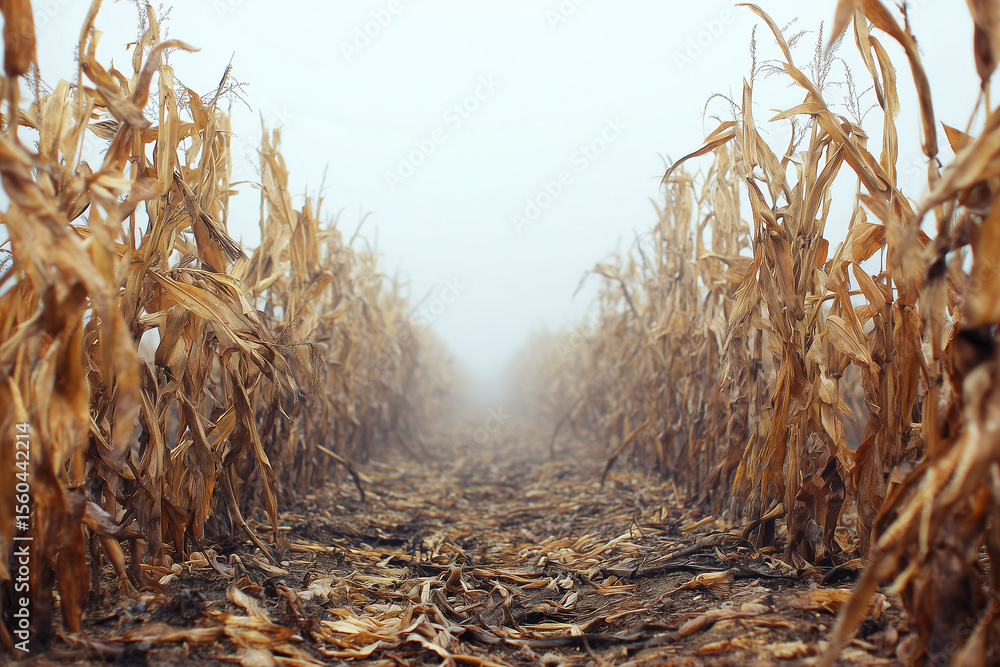 Fototapeta premium Single Decaying Crop Row in Fog Revealing the Impact of Harsh Weather Conditions on Agriculture