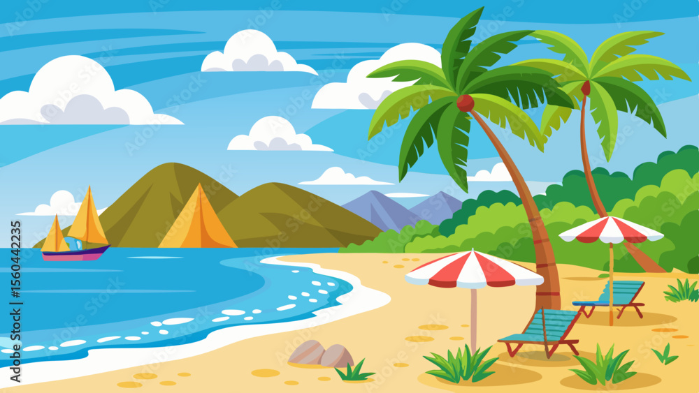 Obraz premium Tropical beach scene with palm trees lounge chairs umbrellas and a sailboat on the ocean with mountains in the background