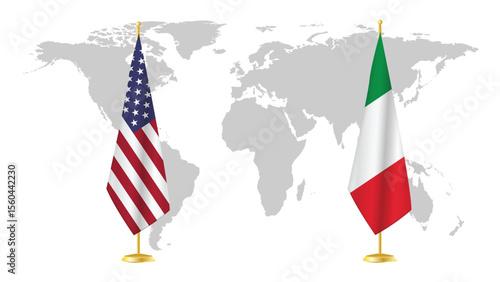 USA and Italy stand flags on world map background. Symbolic of diplomatic relations, unity, and transatlantic cooperation. 3D rendered international concept design.