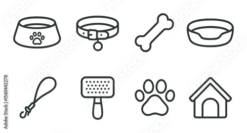 Pet care essentials icons set – outline, pet supplies and animal accessories designs