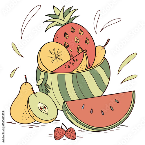 Colorful hand drawn illustration of fresh fruits arranged in a bowl with additional fruits