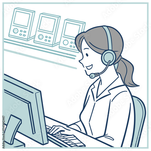 Woman with headset at computer typing with monitors in background in a light blue and white illustration