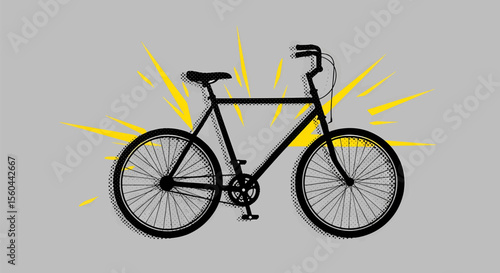 This high-quality vector graphic features a distressed halftone bicycle silhouette with a triangular frame and dynamic yellow bursts, emphasizing vintage, cycling, and retro print design.