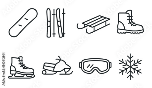 Winter sports linear icons set – skiing, snowboarding and cold weather activity symbols