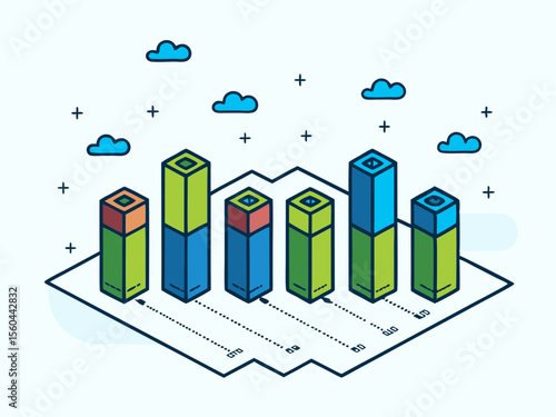 Isometric chart representing business growth trends and statistical data visualization with clouds