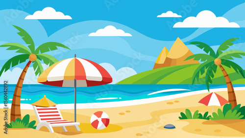 Vibrant cartoon beach scene with palm trees lounge chair umbrellas and beach ball under a blue sky with clouds