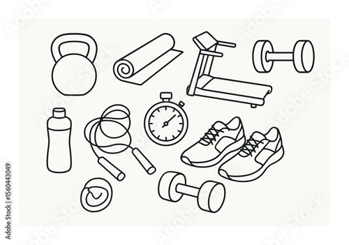 Home workout essentials icons set – outline, fitness, and exercise symbols