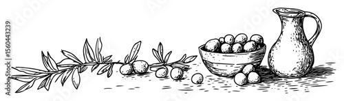 olive branch bowl and oil jug still life hand drawn illustration