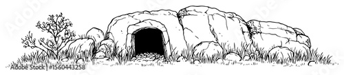 ancient stone tomb entrance in a rock hand drawn vector sketch