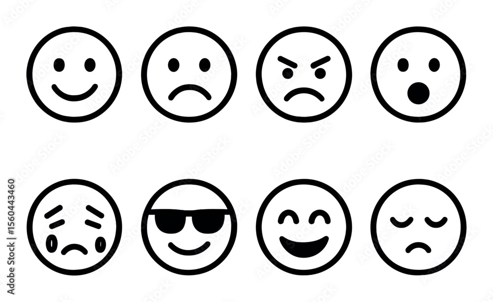 Expression icons set – linear, simple emotions, facial expressions for communication Expression icons set – linear, simple emotions, facial expressions for communication