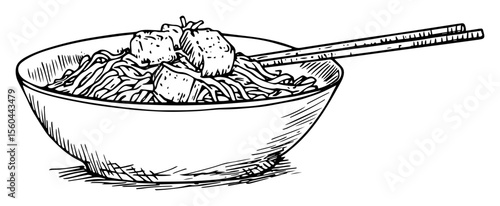 bowl of asian ramen noodles with chopsticks sketch illustration