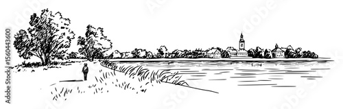 hand drawn lakeside landscape with walking figure vector line art illustration