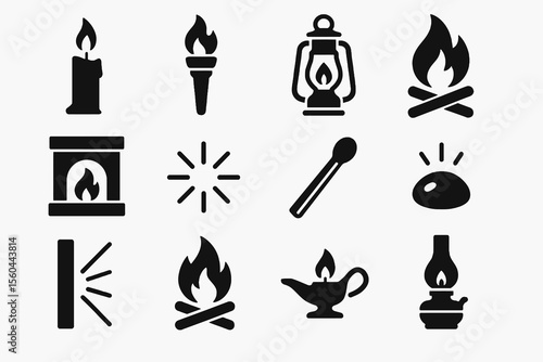 12 black firelight icons. Solid vector for illumination, warmth, and rustic design.