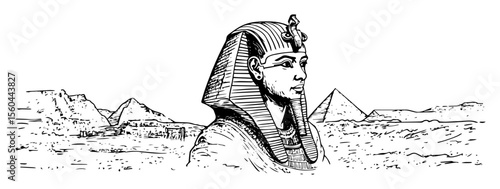 hand drawn sphinx with pyramids desert vector line art illustration