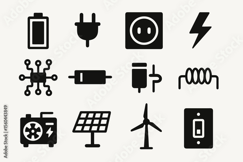 Black set of 12 electric icons. Minimal vector for systems, renewable, and engineering.