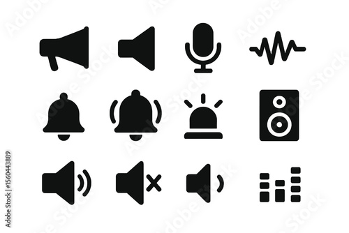 Black set of 12 sound icons. Minimal vector for voice, noise, and media.