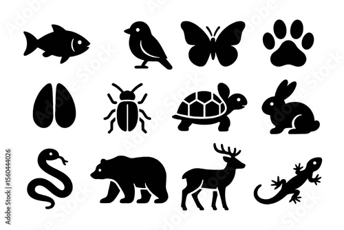 Black set of 12 wildlife icons. Minimal vector for natural habitats and biodiversity.