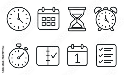 Time management icons set – outline, scheduling and organization symbols for planners