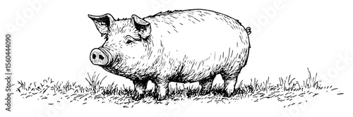 hand drawn standing pig vector line art illustration