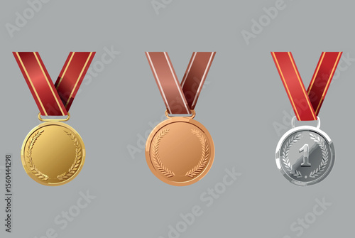 Set of Gold, Bronze and Silver Medals on Gray Background
