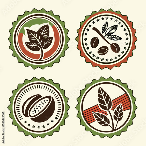 Vintage style illustration of coffee cocoa and tea leaf badges designs on a cream background