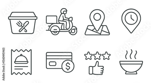 Food delivery linear icons set – simple, courier and service symbols