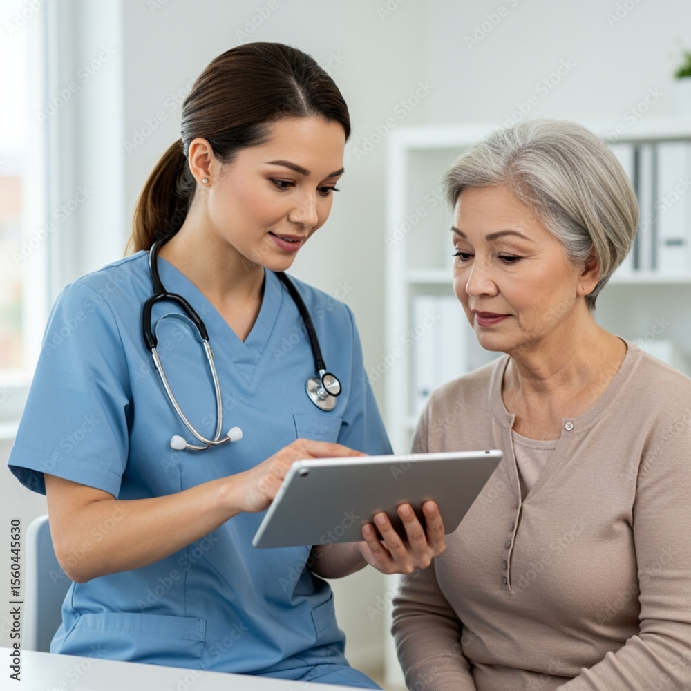 Female Doctor Explaining Medical Information to Middle-aged Patient on Tablet Female Doctor Explaining Medical Information to Middle-aged Patient on Tablet