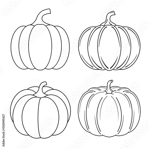Pumpkin Black White Outline. A set of pumpkins, black outlined and colored. Vector collection of cute hand drawn pumpkins on white background. Elements for autumn decorative design and halloween