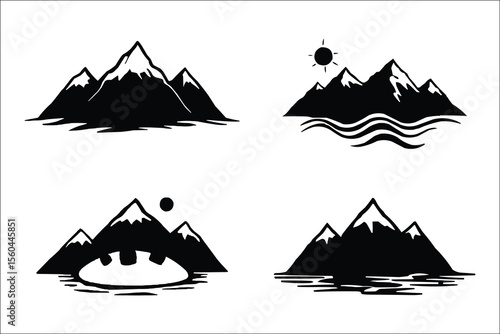 This set of four stylized black and white illustrations depicts mountain ranges with snow-capped peaks, situated over bodies of water.