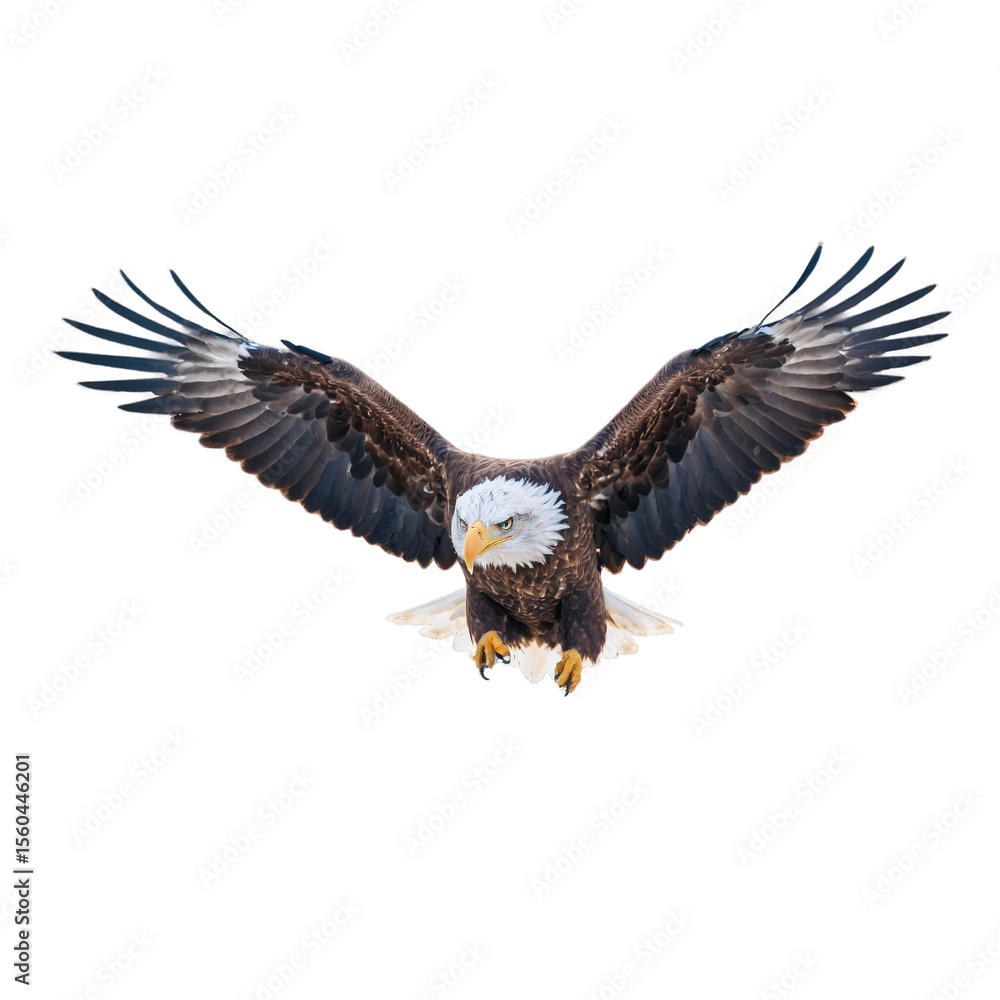 Obraz premium Majestic Bald Eagle in Flight, Wings Spread Wide Against a White Background.