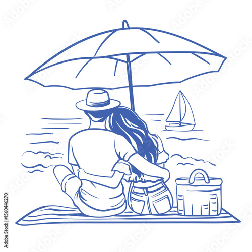 Romantic vector illustration of a couple sitting under a beach umbrella, hugging and watching the sea with a sailboat in the distance. Summer vacation, love. Girl and Guy on the Coast of Italy