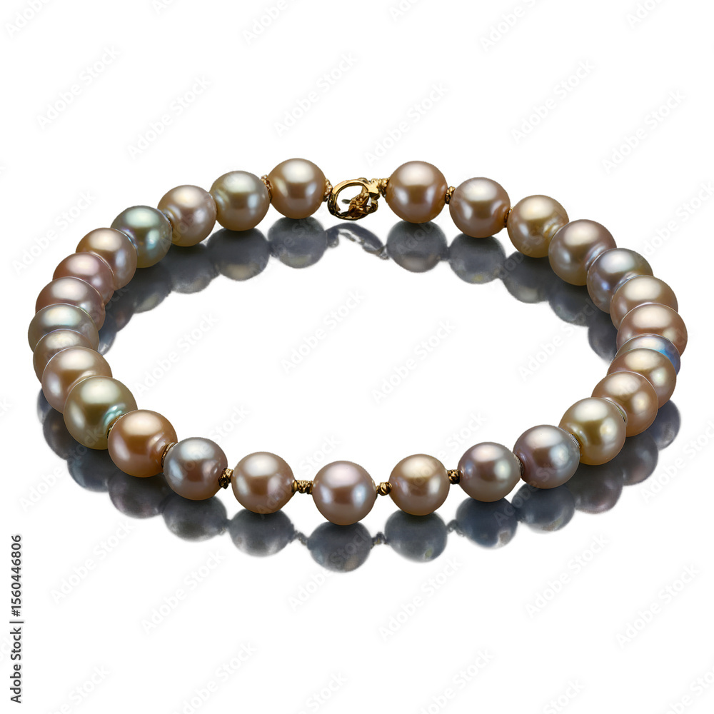 Fototapeta premium Elegant Freshwater Pearl Necklace Featuring Golden Clasp and Exquisite Reflections.