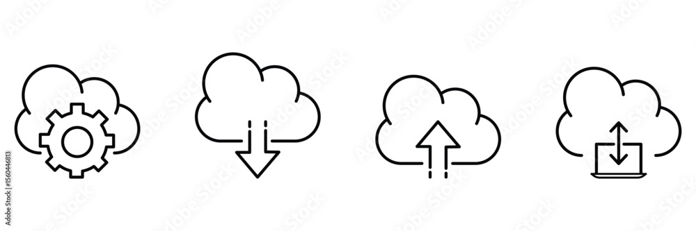 Cloud upload download setting data sync storage transfer computing symbol icon vector illustration line art digital network communication. Cloud upload download setting data sync storage transfer computing symbol icon vector illustration line art digital network communication.
